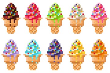 Ice cream cone sprinkled with sugar flakes, pixel art set. Vector illustration.