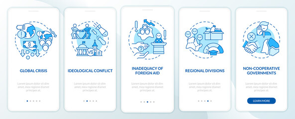 Lack of world cooperation problems blue onboarding mobile app screen. Walkthrough 5 steps graphic instructions pages with linear concepts. UI, UX, GUI template. Myriad Pro-Bold, Regular fonts used