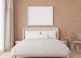 Empty picture frame on wooden wall in modern bedroom. Mock up interior in boho style. Free, copy space for your picture, poster. Bed, window and curtain, pampas grass, parquet floor. 3D rendering.