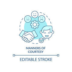 Manners of courtesy turquoise concept icon. Social norms. Etiquette category abstract idea thin line illustration. Isolated outline drawing. Editable stroke. Arial, Myriad Pro-Bold fonts used