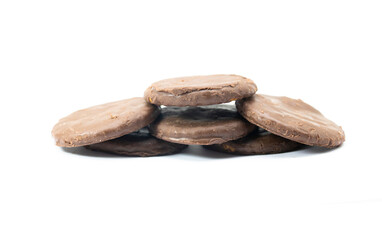 Group of chocolate coating biscuits over on white background, selective focus