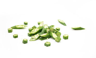 okra or Lady Finger pieces over on white background