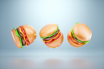 Set 3D burger on a light background. 3D illustration, 3D rendering.