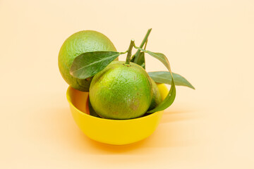 Green mandarines with leaves isolated on colorful background.