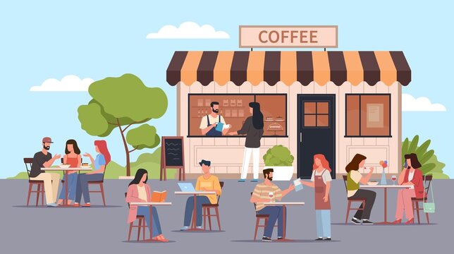 Cafe outdoor visitors. People in summer restaurant, customers sitting at tables, street food, open coffee house with barista. Men and women eating, vector cartoon flat isolated concept
