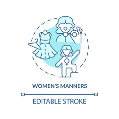 Women manners turquoise concept icon. Elegant and strong woman. Social etiquette abstract idea thin line illustration. Isolated outline drawing. Editable stroke. Arial, Myriad Pro-Bold fonts used