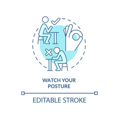 Watch your posture turquoise concept icon. Keep elbows off table. Etiquette abstract idea thin line illustration. Isolated outline drawing. Editable stroke. Arial, Myriad Pro-Bold fonts used