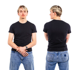 Young man posing with blank black shirt