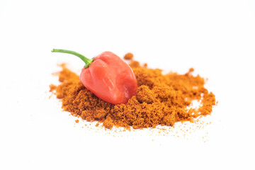 Spicy naga chili with chili powder isolate on white background..