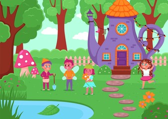 Fantasy house illustration. Little magic teapot home with funny habitants, fabulous forest glade, cute elves and fairies, tiny boys and girls near cottage, vector cartoon concept