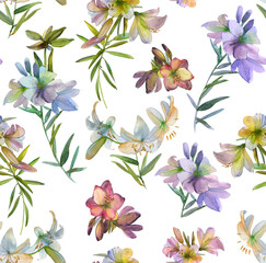 Seamless floral background of delicate lilies, pastel pink-violet colors. Wedding and funeral decor, print for fabric, clothing, stationery and design