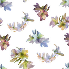 Seamless floral background of delicate lilies, pastel pink-violet colors. Wedding and funeral decor, print for fabric, clothing, stationery and design