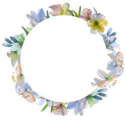 round watercolor lily flower frame, flower wreath. For publications, wedding design, package design. Spring pastel gentle background.