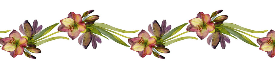 Border, banner, hand drawn watercolor, isolated purple pink lily flowers. For the design of publications, printing, wedding decor, mourning decoration