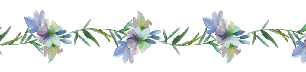 Border, banner hand drawn watercolor isolated white blue flowers lilies. For the design of publications, prints, wedding decor, funeral decorations - obrazy, fototapety, plakaty