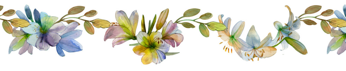 Fototapeta premium Border, banner, hand drawn watercolor, isolated white blue, pink lily flowers. For the design of publications, printing, wedding decor, stationery, mourning decoration