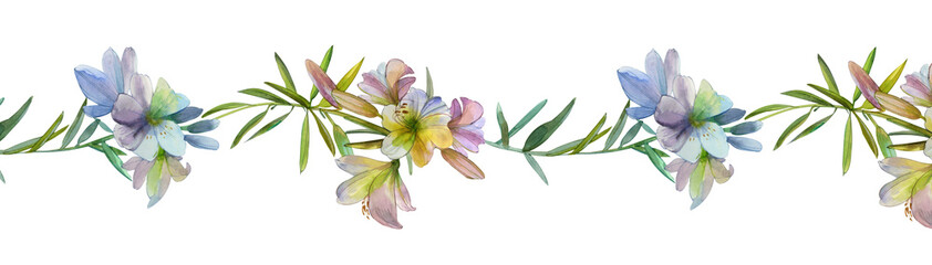 Border, banner hand drawn watercolor isolated white blue flowers lilies. For the design of publications, prints, wedding decor, funeral decorations
