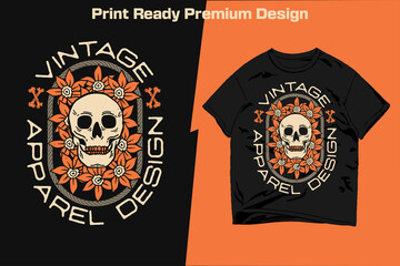 Vintage Skull with Flowers Apparel Design Print-Ready Vector