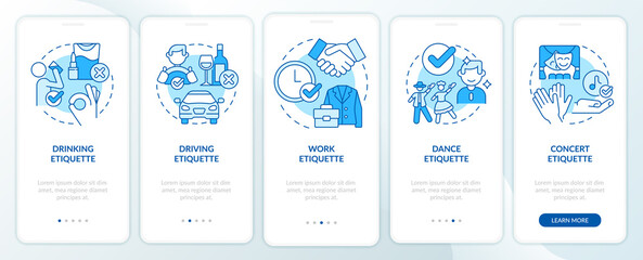 Naklejka premium Types of etiquette blue onboarding mobile app screen. Set of rules walkthrough 5 steps graphic instructions pages with linear concepts. UI, UX, GUI template. Myriad Pro-Bold, Regular fonts used