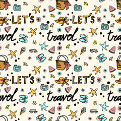 Fototapeta na wymiar Summer, vacation, beach, travel. Drawing on a transparent background. Choose your own background color. Pattern, desktop wallpaper, pattern on fabric, background. Vector pattern.