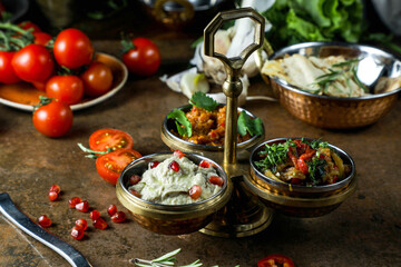 Several types of sauces in beautiful kitchen background