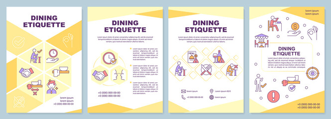 Fototapeta na wymiar Dining etiquette brochure template. Set of rules and norms. Leaflet design with linear icons. 4 vector layouts for presentation, annual reports. Arial-Black, Myriad Pro-Regular fonts used