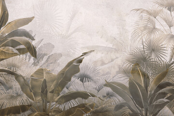 Fototapeta tropical trees and leaves wallpaper design in foggy forest - 3D illustration
 obraz