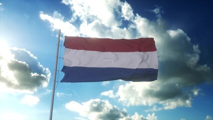 Flag of Netherlands waving at wind against beautiful blue sky. 3d rendering