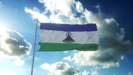 Flag of Lesotho waving at wind against beautiful blue sky. 3d rendering