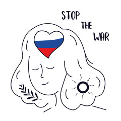 Stop the war. Flag of Russia in heart. Girl against war with Ukraine. Line woman call for peace. World people fight for love, peace. Stop conflict call