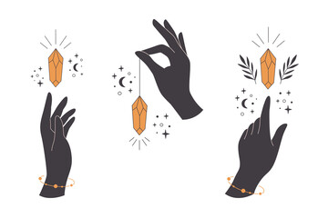 Hand with crystal. Mystical, esoteric, magic or healing crystal. Linear art. Editable strokes. Vector illustration