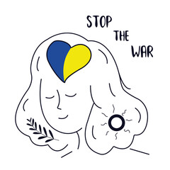 Stop the war. Girl against war with Ukraine. Line woman call for peace. Flag of ukraine in heart.  World people fight for love, peace. Stop conflict call