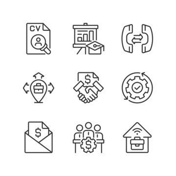 Business coordination pixel perfect linear icons set. Professional skills. Customizable thin line symbols. Isolated vector outline illustrations. Editable stroke. Montserrat Bold, Light fonts used
