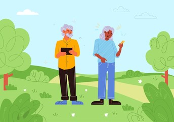 Senior people gadgets outdoor. Elderly persons use tablet and phone in park, watching location, older generation with device, grandparents chatting and working on laptop, vector concept
