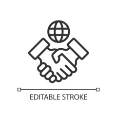 International company pixel perfect linear icon. Manage operations abroad. Goods export, import. Thin line illustration. Contour symbol. Vector outline drawing. Editable stroke. Arial font used