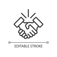 Fototapeta premium Handshake pixel perfect linear icon. Business etiquette. Shaking hands. Deal making. Company meeting. Thin line illustration. Contour symbol. Vector outline drawing. Editable stroke. Arial font used