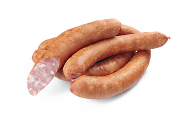 Photo of smoked pork sausages isolated on white background.