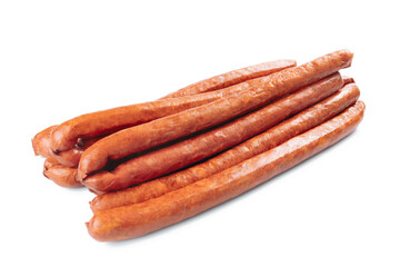 Photo of smoked pork sausages isolated on white background.