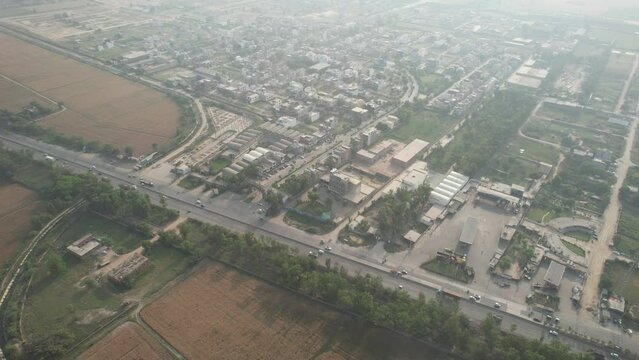 SA Gardens and Lahore Smart City Aerial View of Pakistani Farms, kala shah kako Punjab Pakistan, drone's footage