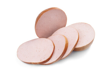 Slices of sausage Mortadella isolated on white background. © Screaghin