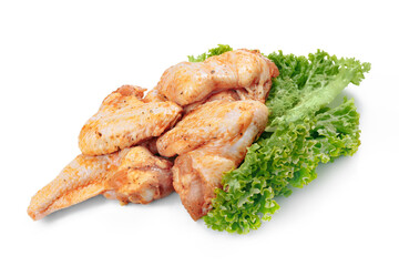 Marinated chicken wings on a white background. Meat for Grill.