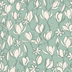 Floral seamless pattern. Colorful vintage vector background with hand drawn magnolia flower. Nostalgic retro fashion print for fabric, paper, goods, home textile