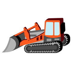 Transport icon with bulldozer in cartoon style.Construction machinery on tracks isolated on white background.Vector flat illustration for design card,poster,cover,sticker.
