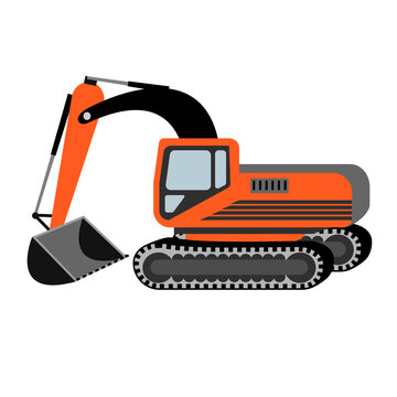 Transport icon with excavator in cartoon style.Construction machinery on tracks isolated on white background.Vector flat illustration for design card,poster,cover,sticker.
