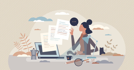Content writing and creative text author as freelance job tiny person concept. Professional copywriter, editor or social media blog creation for advertising or publication sharing vector illustration. - obrazy, fototapety, plakaty