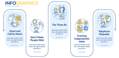 Business etiquette rectangle infographic template. Set of rules. Data visualization with 5 steps. Process timeline info chart. Workflow layout with line icons. Lato-Bold, Regular fonts used