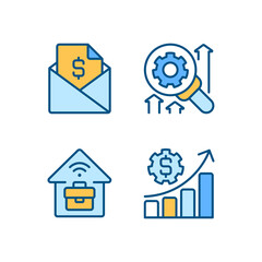 Company management structure pixel perfect RGB color icons set. Remote job. Isolated vector illustrations. Simple filled line drawings collection. Editable stroke. Montserrat Bold, Light fonts used
