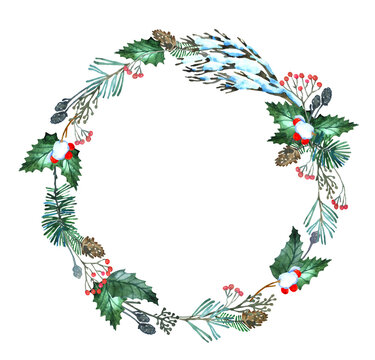 Watercolor Christmas wreath with folliage, snowy fir tree, spruce branches, red holly berries, evergreen leaves . Hand painted xmas illustration isolated on white background. 