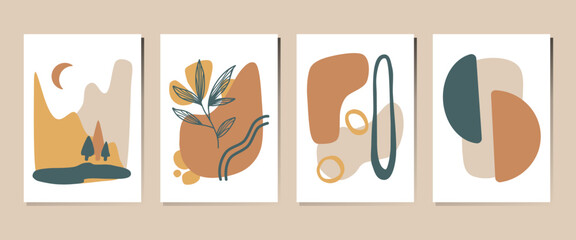 Vector Set of Abstract compositions in Boho Style. Simple Landscape, Leaves, Shapes and Lines. Earthy colors. Used for interior design, posters, postcards, printing, banner