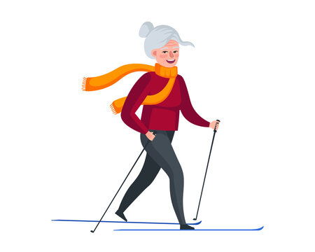 Older Woman Skiing. Elderly Female Winter Activity. Old Lady Healthy Lifestyle. Retired Granny Moving. Cheerful Senior Pensioner Leisure. Active Fun Grandmother Vector Eps Illustration